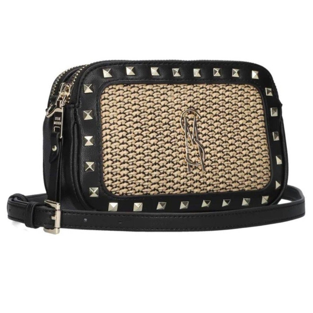 Steve Madden Raffia Studded Crossbody Bag Black Straw Summer Design Style Purse